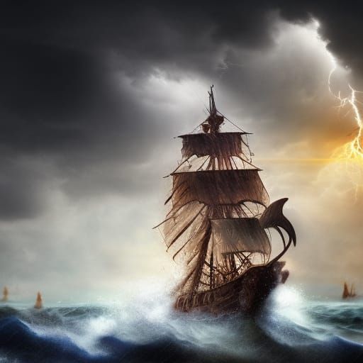 Hyperrealistic Pirate Ship Amidst a Storm
