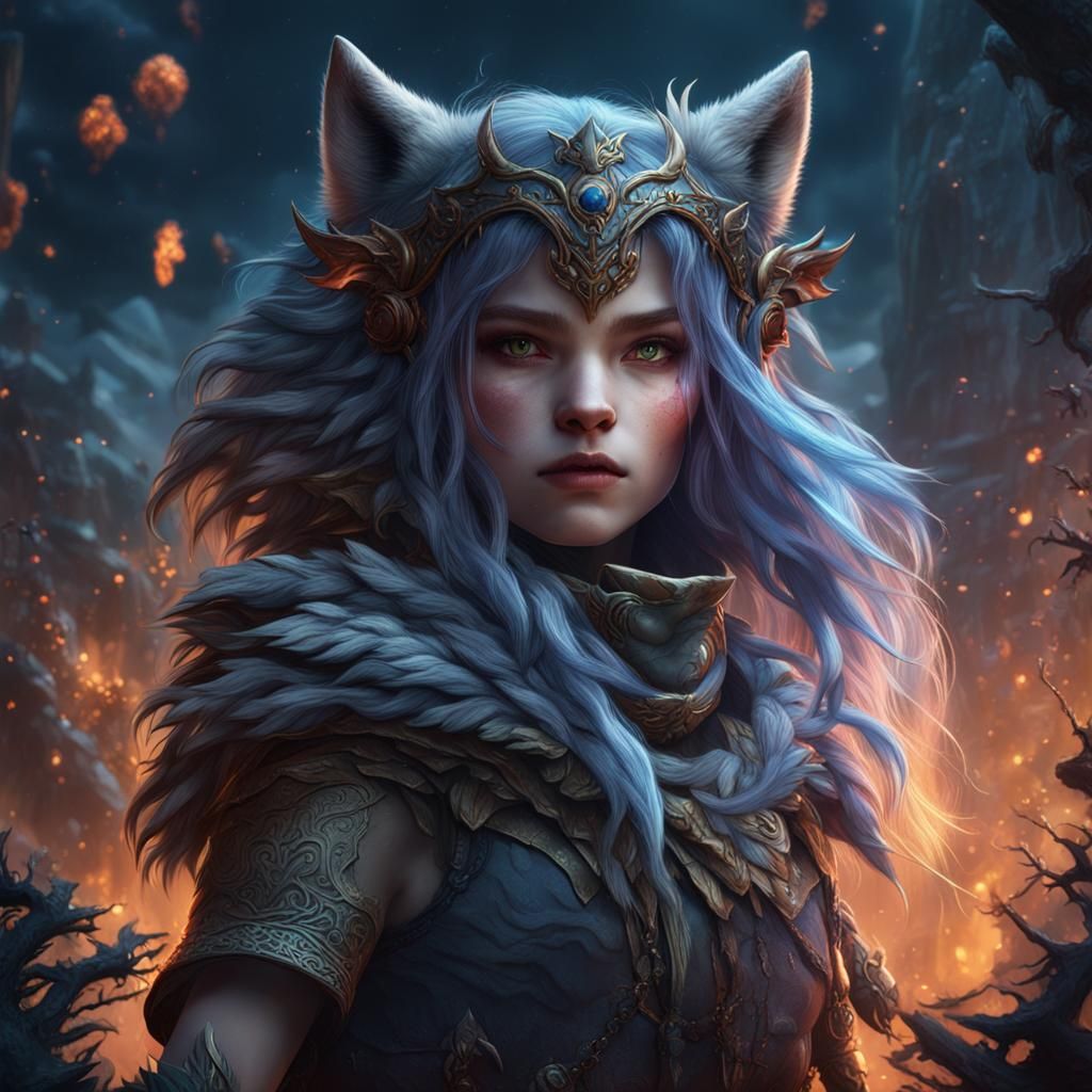 Fantastical Wolf Girl in Detailed Matte Painting