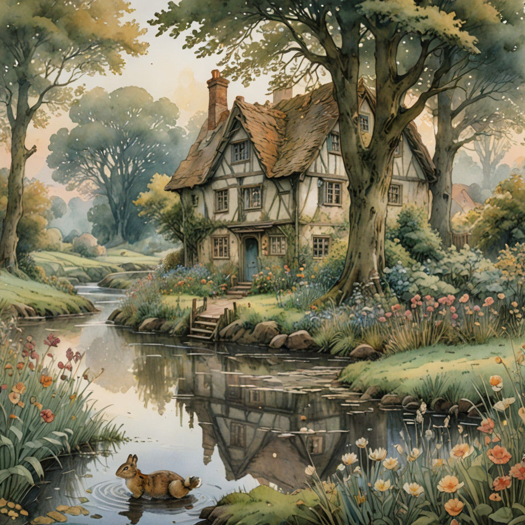 Watercolor Sunset House on the Riverbank