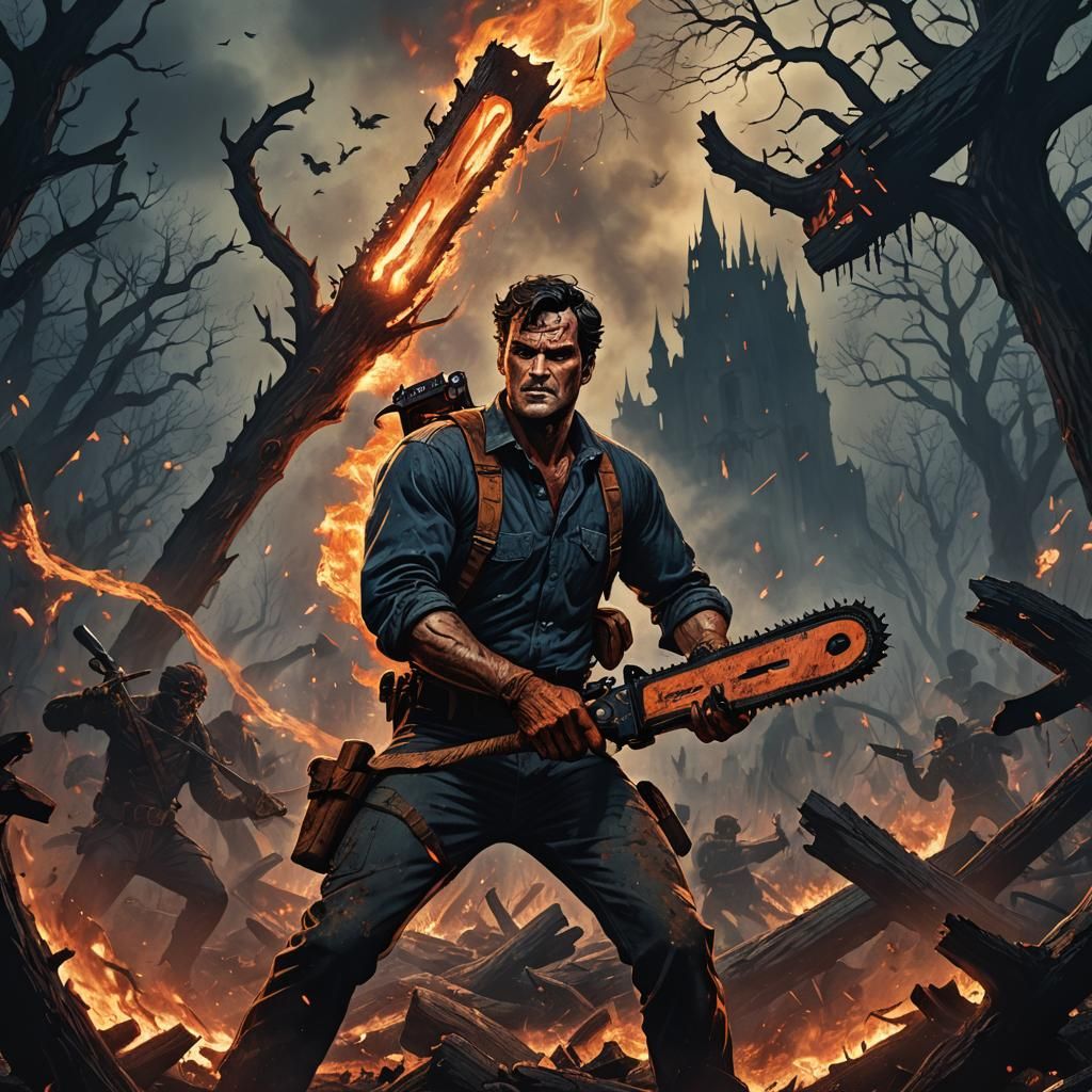 Ash Williams Battles Demons in Hellish Landscape