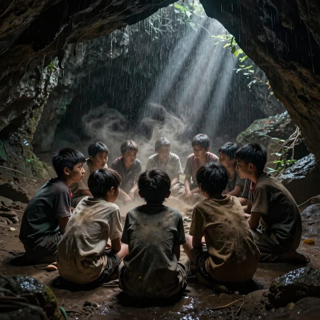 Students Seek Shelter in Dusty Cave During Heavy Rain