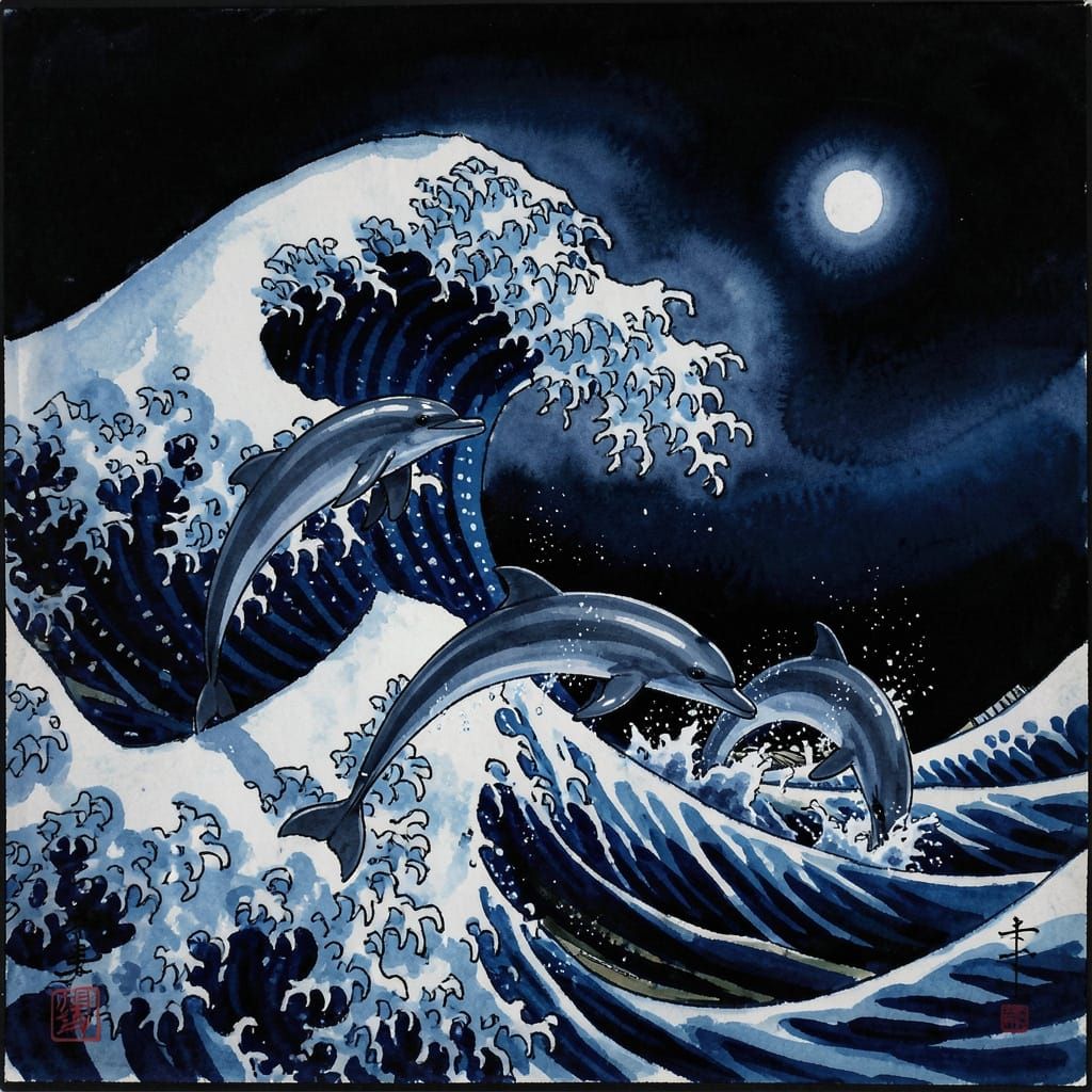 Great Wave with Dolphins in Indigo and Blue Ink Wash Style