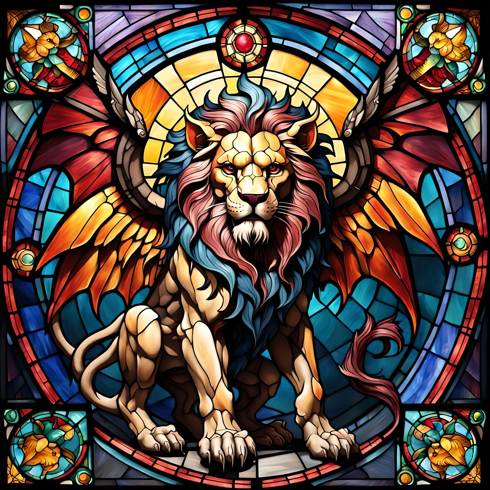 Stained Glass Ipos: Lion-Headed Winged Demon