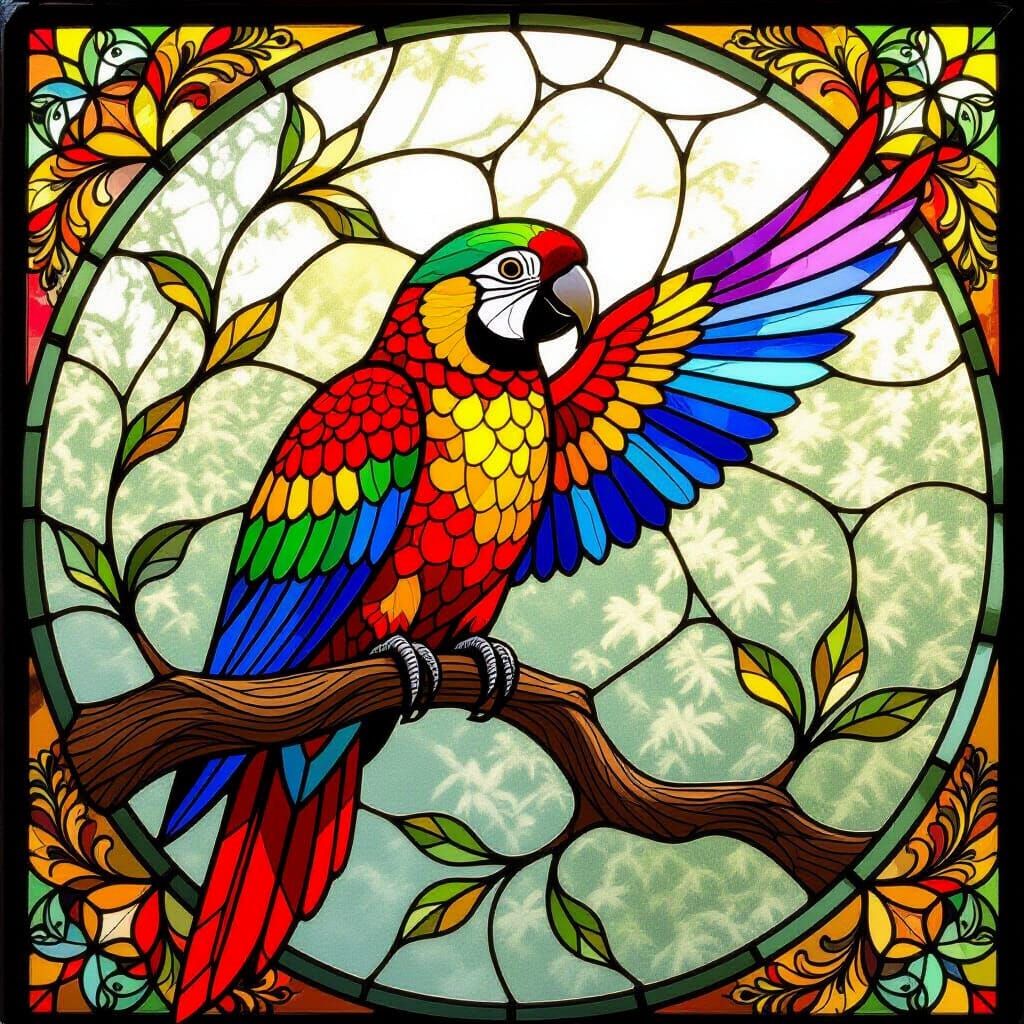 Vibrant Stained Glass Parrot in Sunlight
