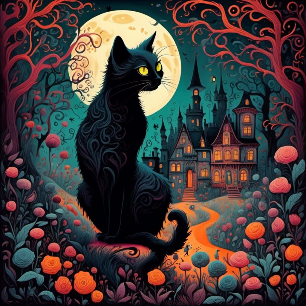 Whimsical Dark Fantasy Cat in Vibrant Watercolor