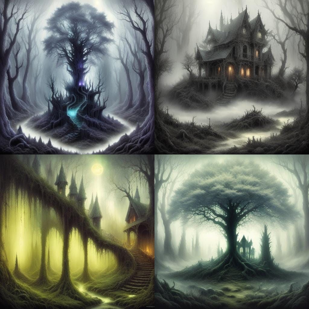 Ethereal Ghost Town in Dark Fantasy Forest
