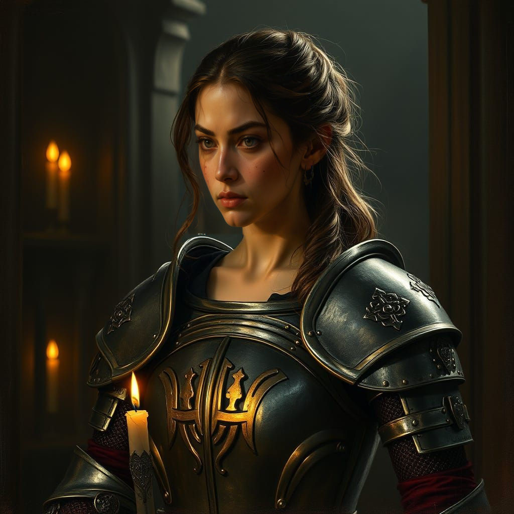 Strong Female Warrior in Quiet Reflection, Inspired by Baroq...