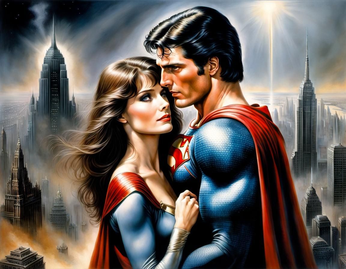 Superhero Couple Embrace in Metropolis, Hyperrealistic Paint...
