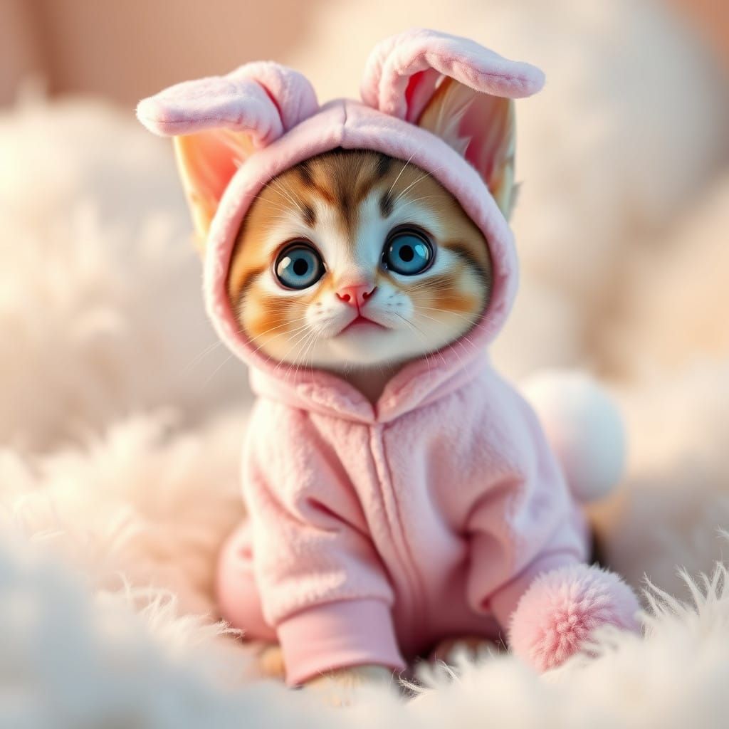 Whimsical Kawaii Kitten Wears Pink Bunny Onesie