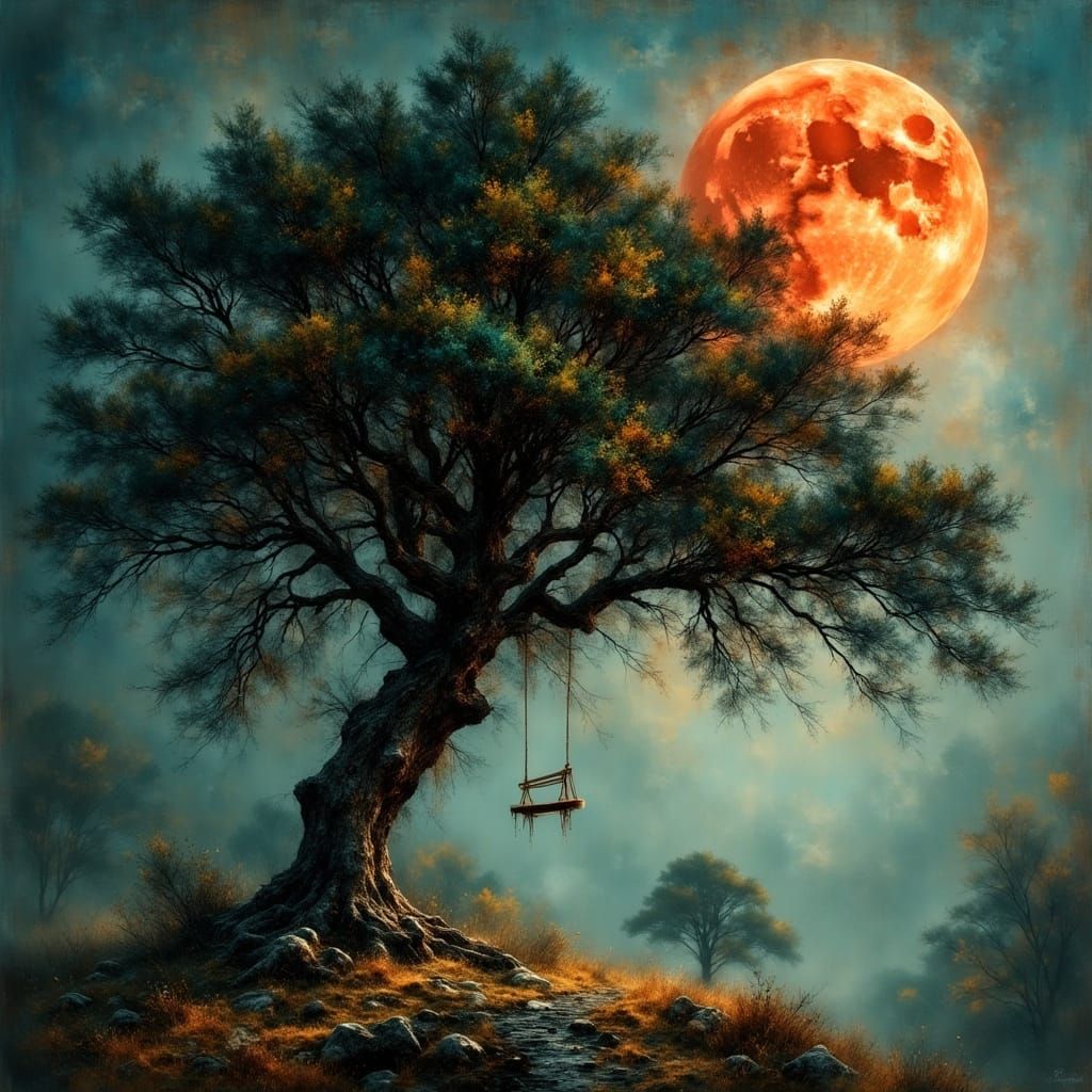 Mystical Pine Tree with Red Moon Stairwell