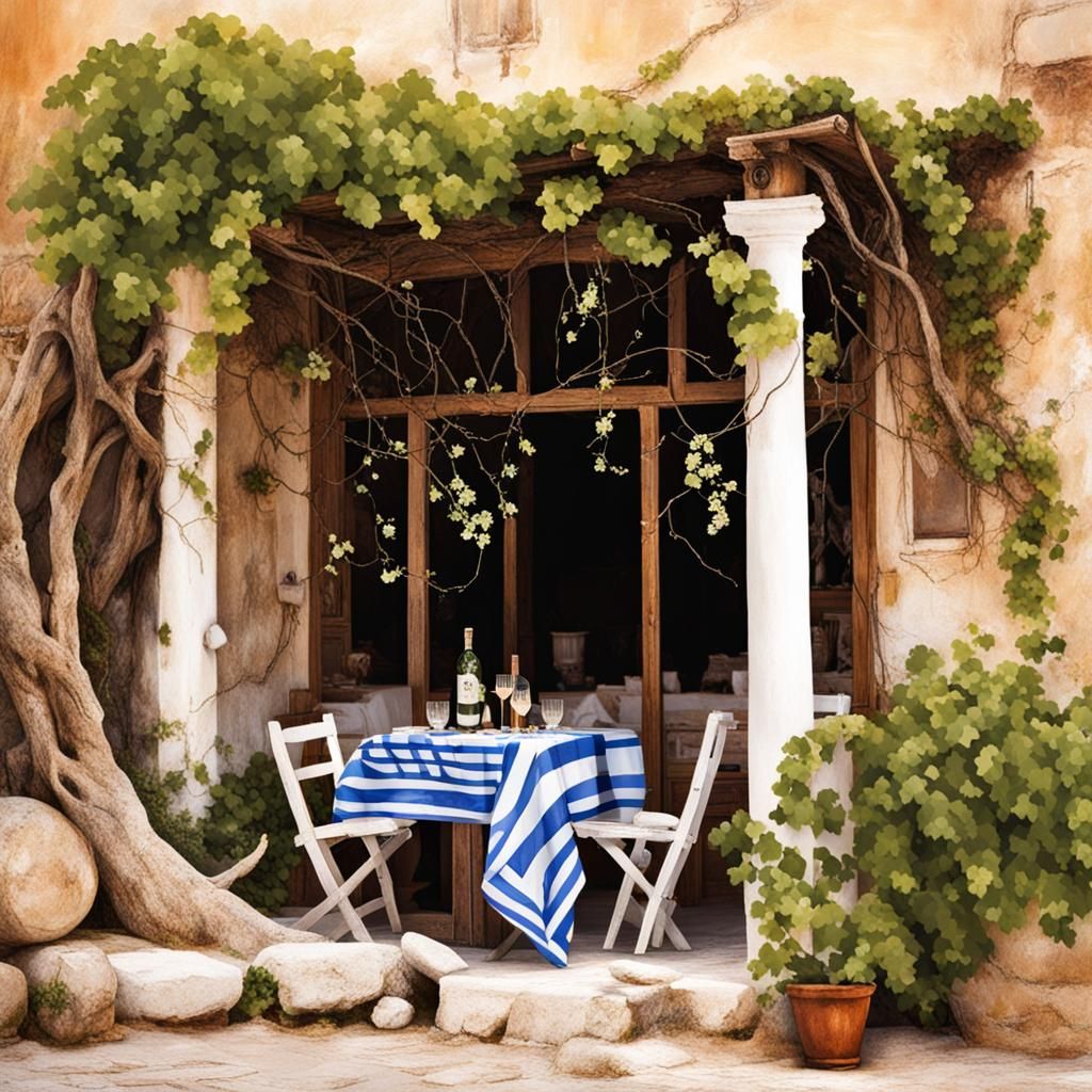 Greek Man Under Vine with Ouzo and Fish