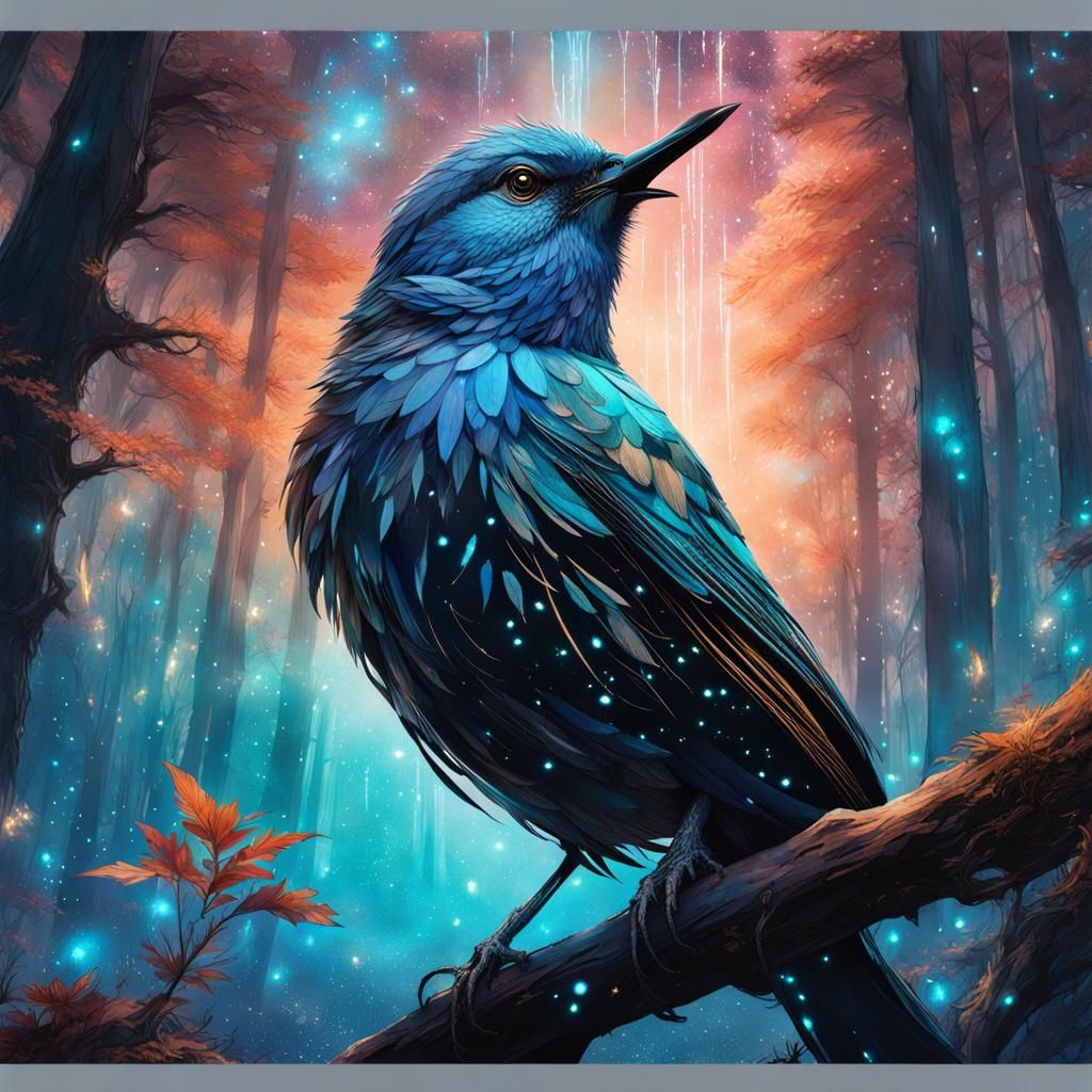 Bioluminescent Bird in Starry Forest Illustration