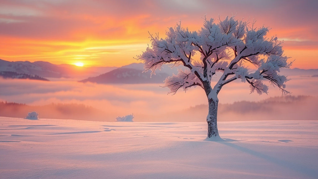 Snowy Tree Sparkles in Winter Mountain Sunset