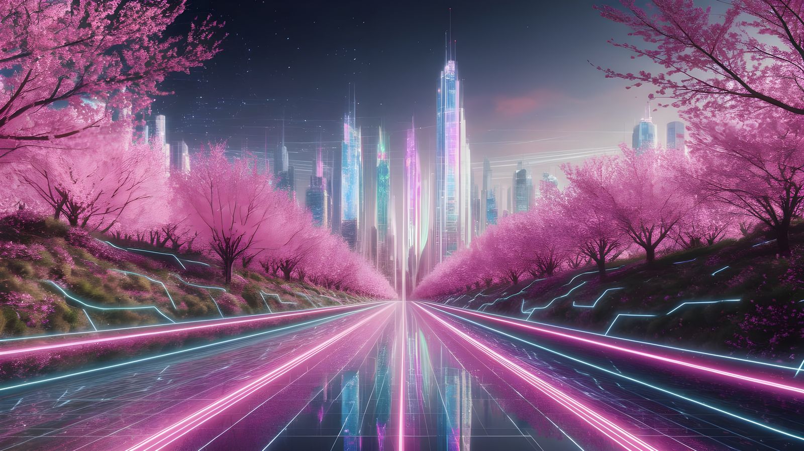 Hyper-Futuristic City with Bioluminescent Flora