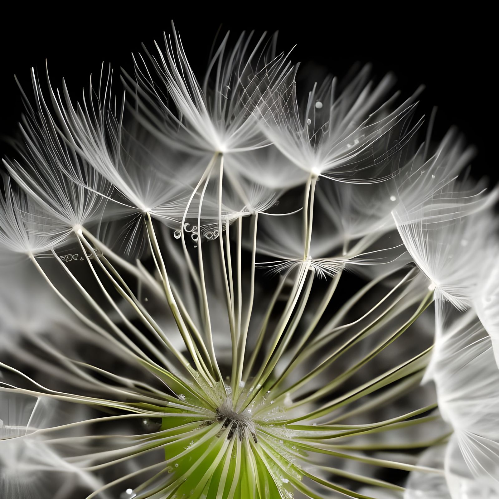 Detailed Dandelion Dew Drops on Black Background