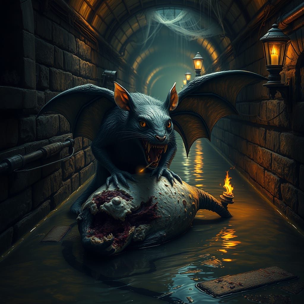 Grotesque Sewer Creature Feasts on Carnage in Dark Victorian...