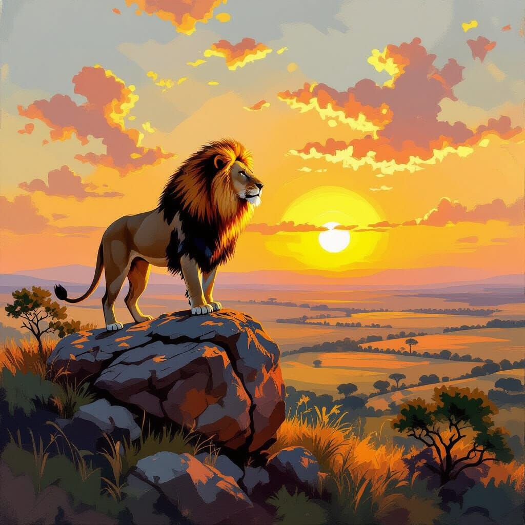 Majestic Lion in Neo-Impressionist Style at Sunset