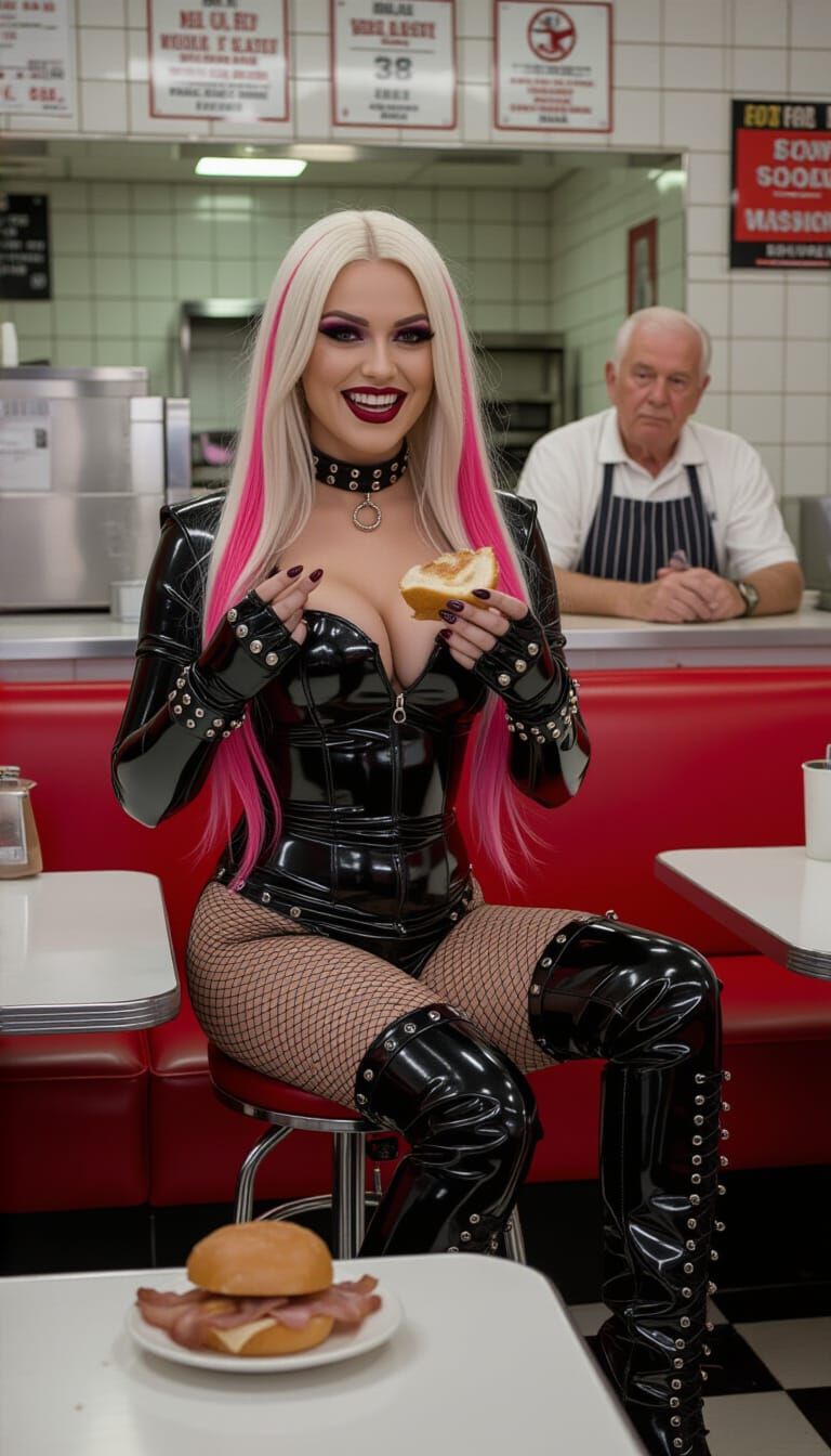 Goth Woman Enjoys Bacon Roll in Cafe