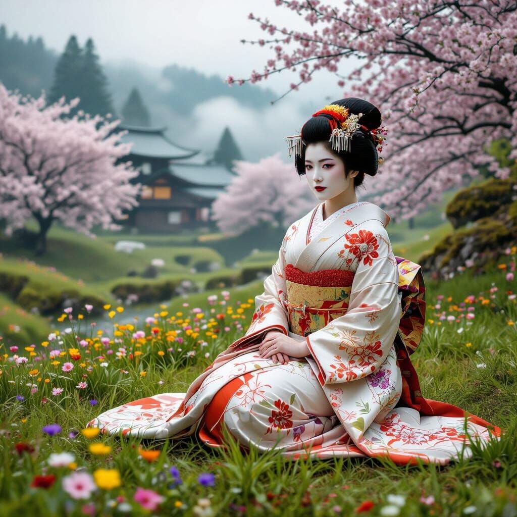 Geisha in Furisode Kimono in Floral Meadow