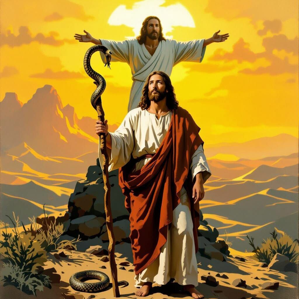 Jesus in the Desert with Serpent Staff