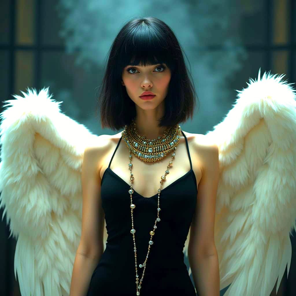 Edgy Portrait of Woman with Wings in Futuristic Setting