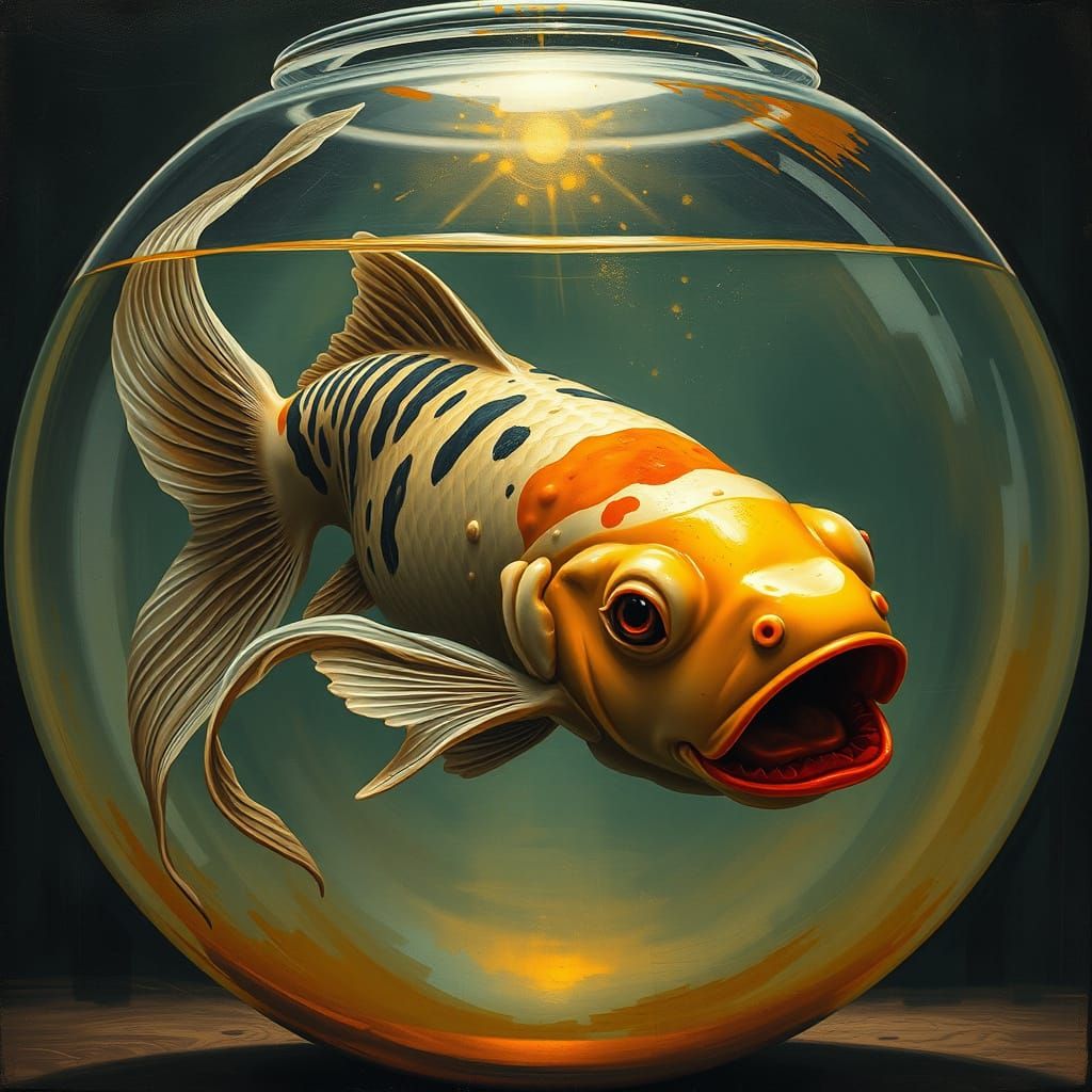 Grotesque Koi in Surreal Fishbowl, Avant Garde Art Nouveau S...