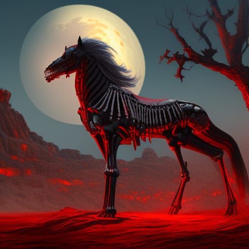 Creepy Skeletal Horse Rising Under Blood Moon
