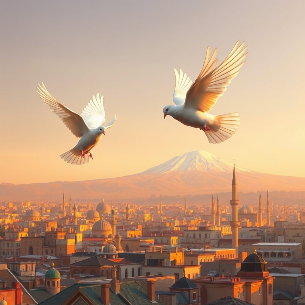 Romantic Doves in Ancient Damascus at Sunset