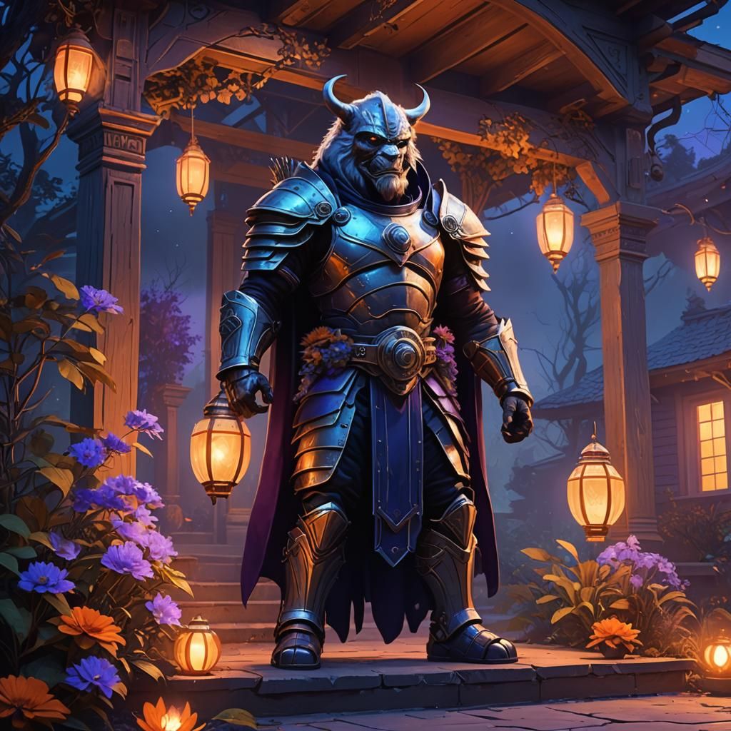 Retro-Futuristic Warrior Outside Mystical Retirement Home