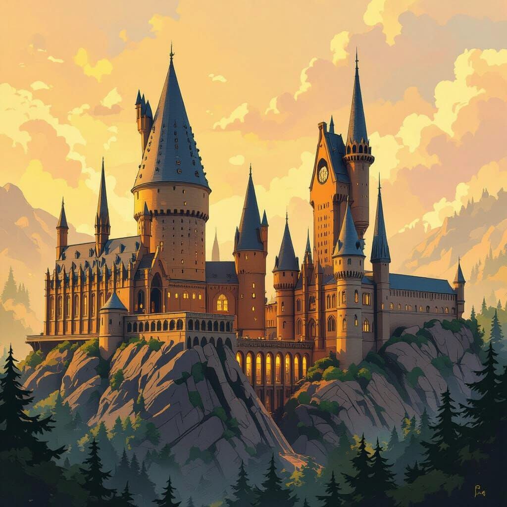 Dreamy Hogwarts Scene in Miyazaki-Inspired Style