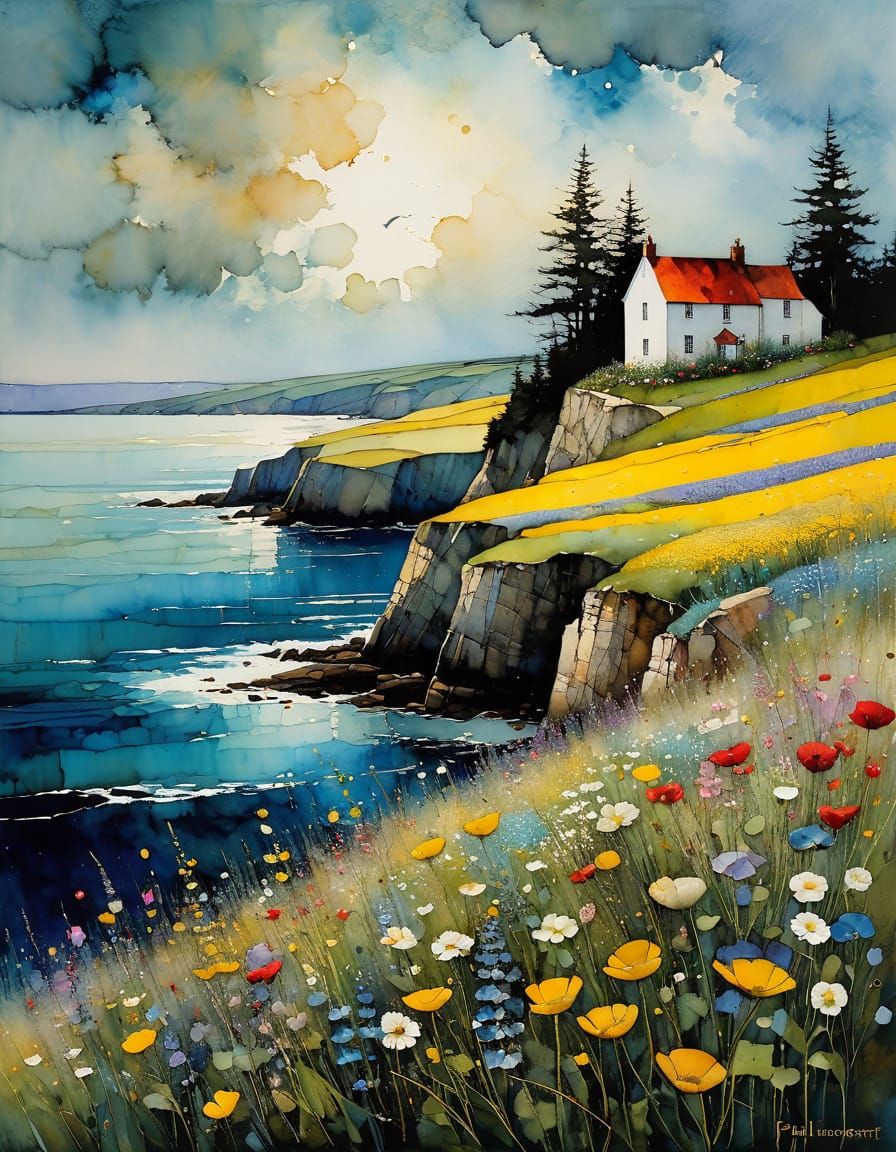 Vibrant Wildflowers Bloom Along Seaside Cliffs in an Impress...