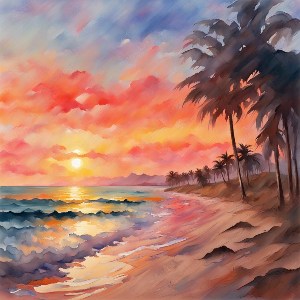 Gouache Beach Sunset: Impressionist Masterpiece