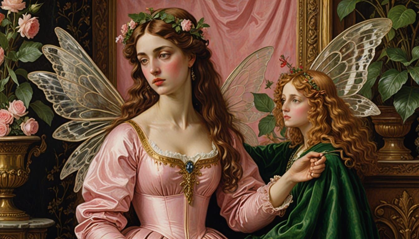 Fairy Woman with Adonis Statue in Opulent Room