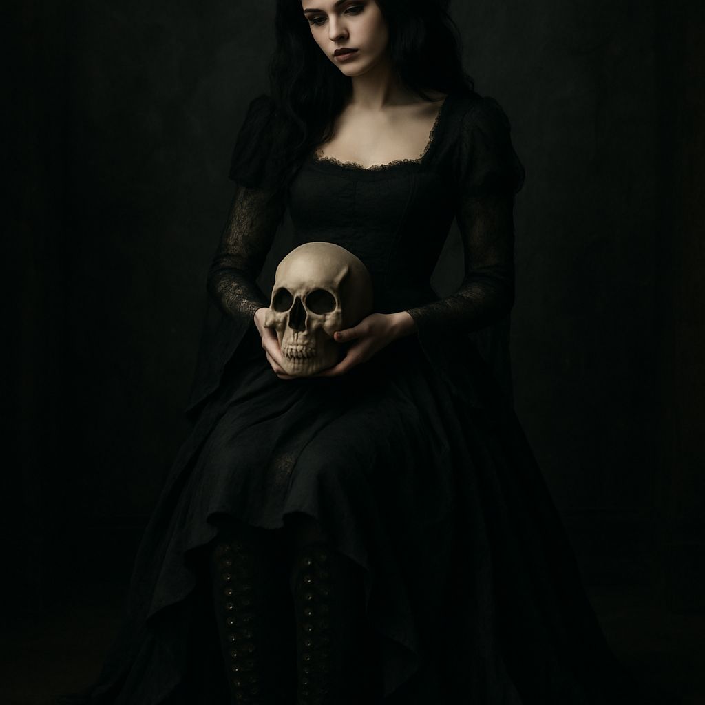 Gothic Woman with Skull in Dark Room