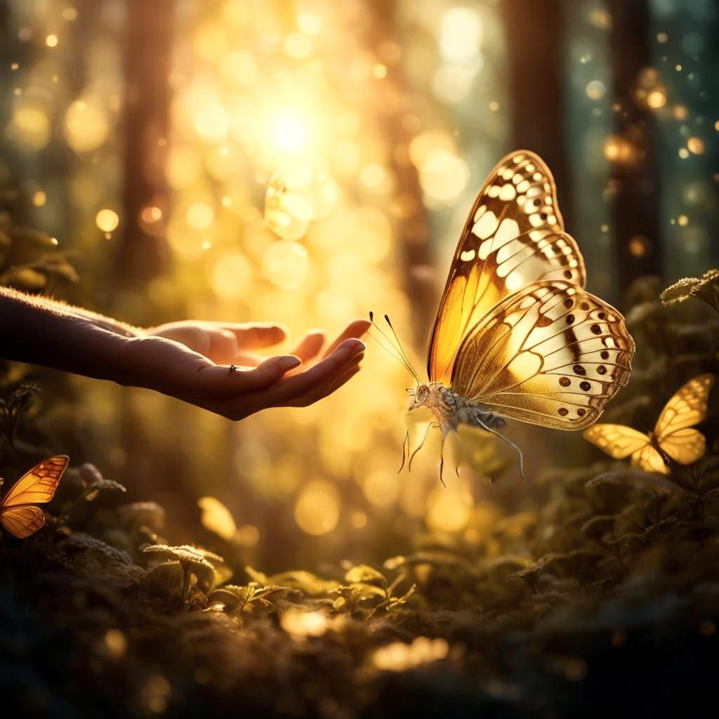 Whimsical Forest Scene of a Butterfly and Fairy in Flight