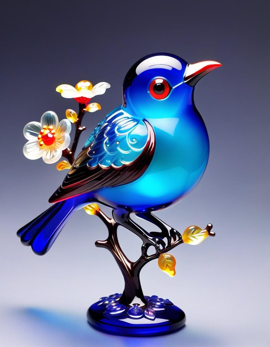 Luminous Blue Glass Bird with Flower Filigree