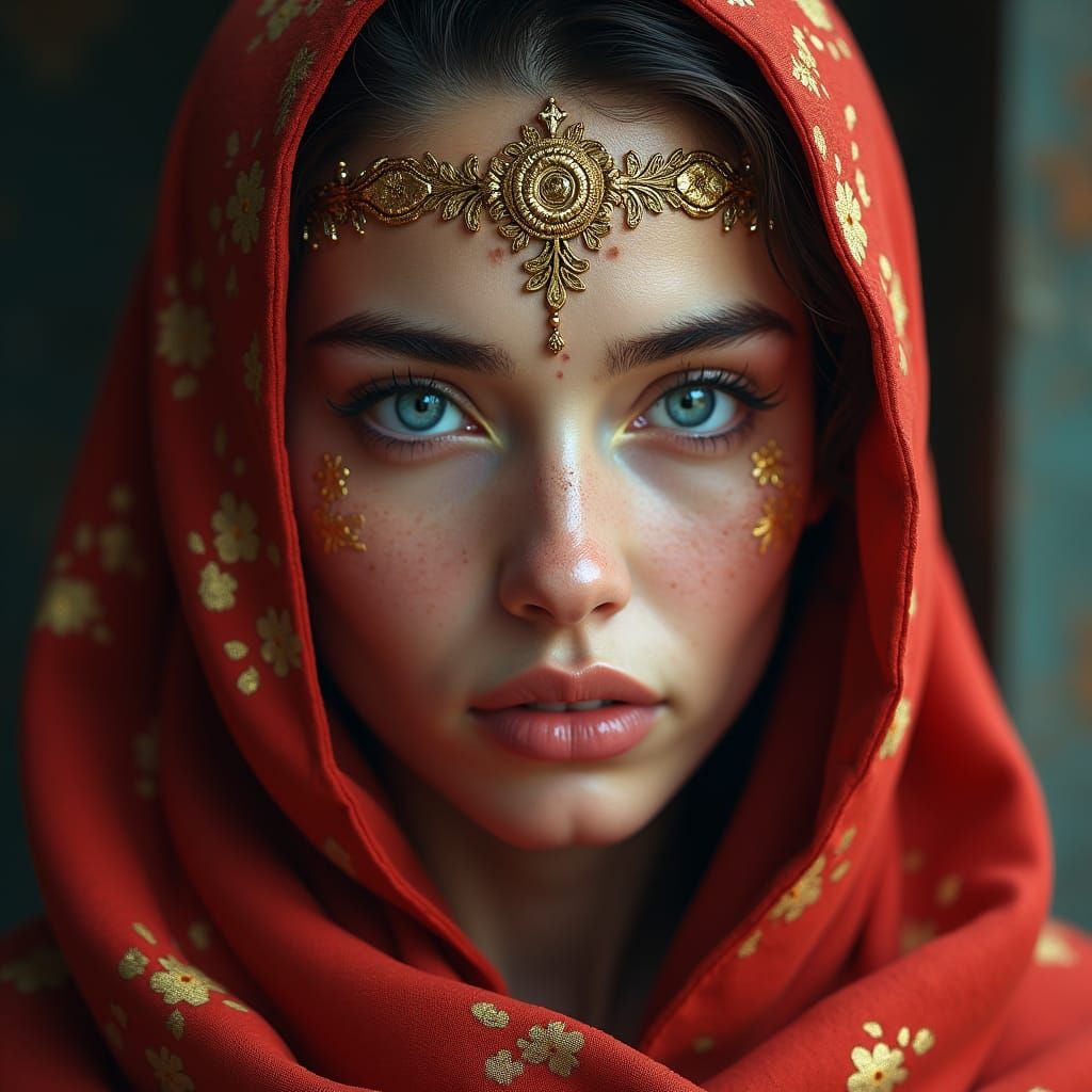 Mystical Woman with Blue Eyes and Golden Adornments