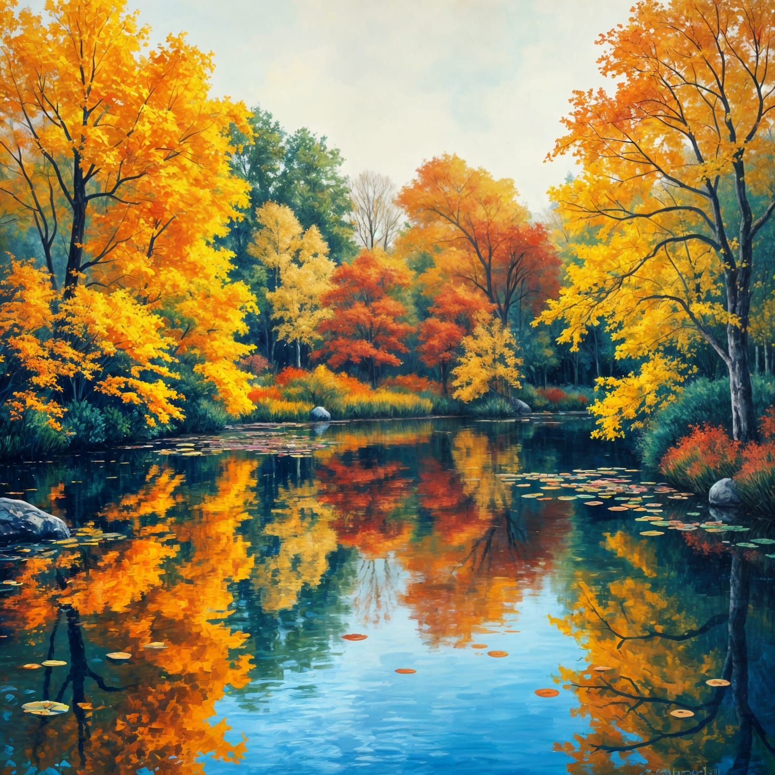 Autumn Pond in Neo-Impressionist Style