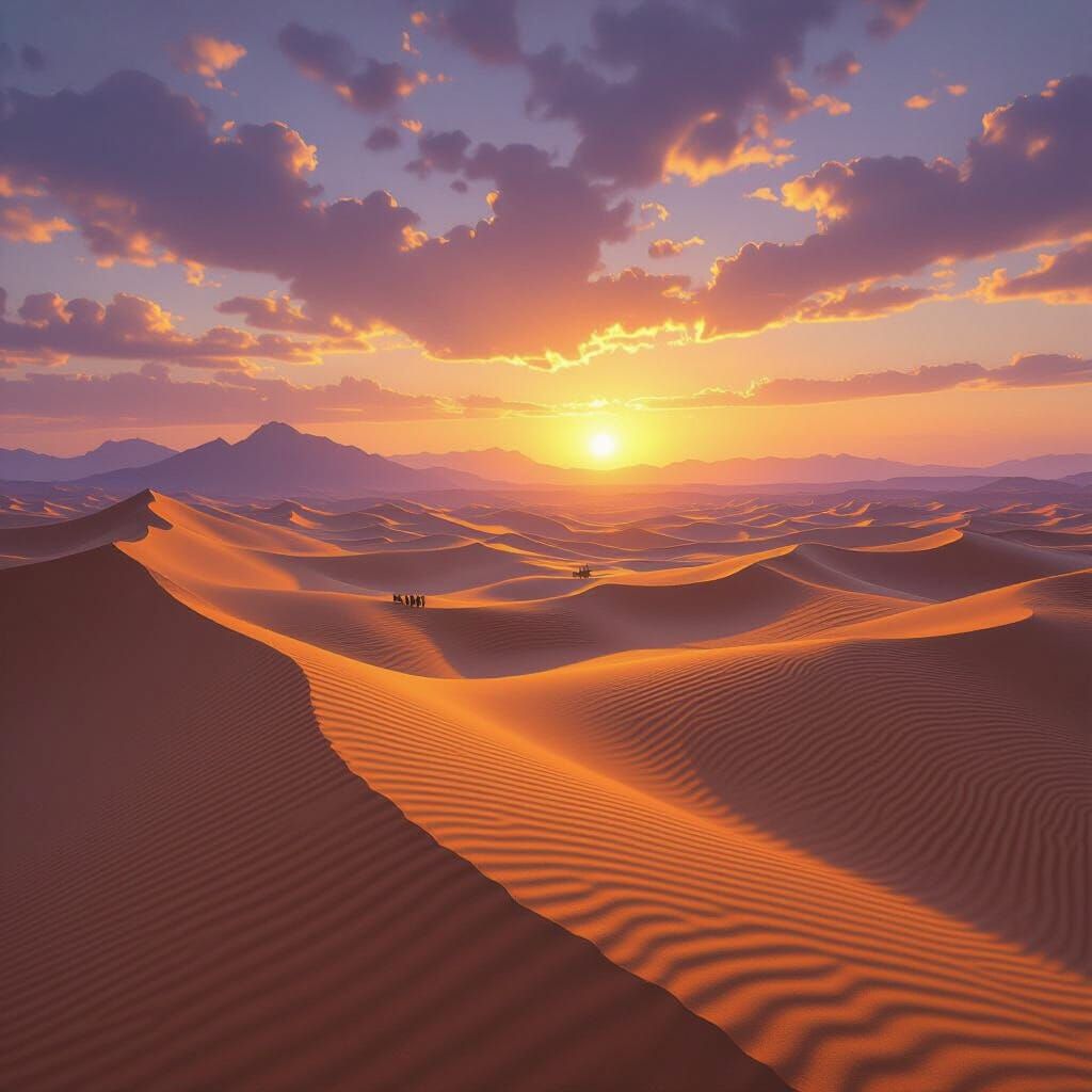 Cinematic Desert Sunset Landscape in Dark Fantasy Style