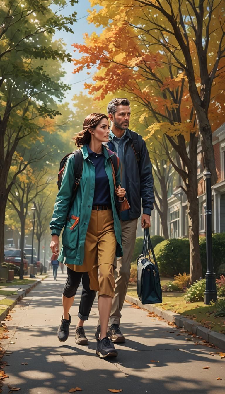 Husband and Wife Walking to School: Hyperrealistic Splash Ar...