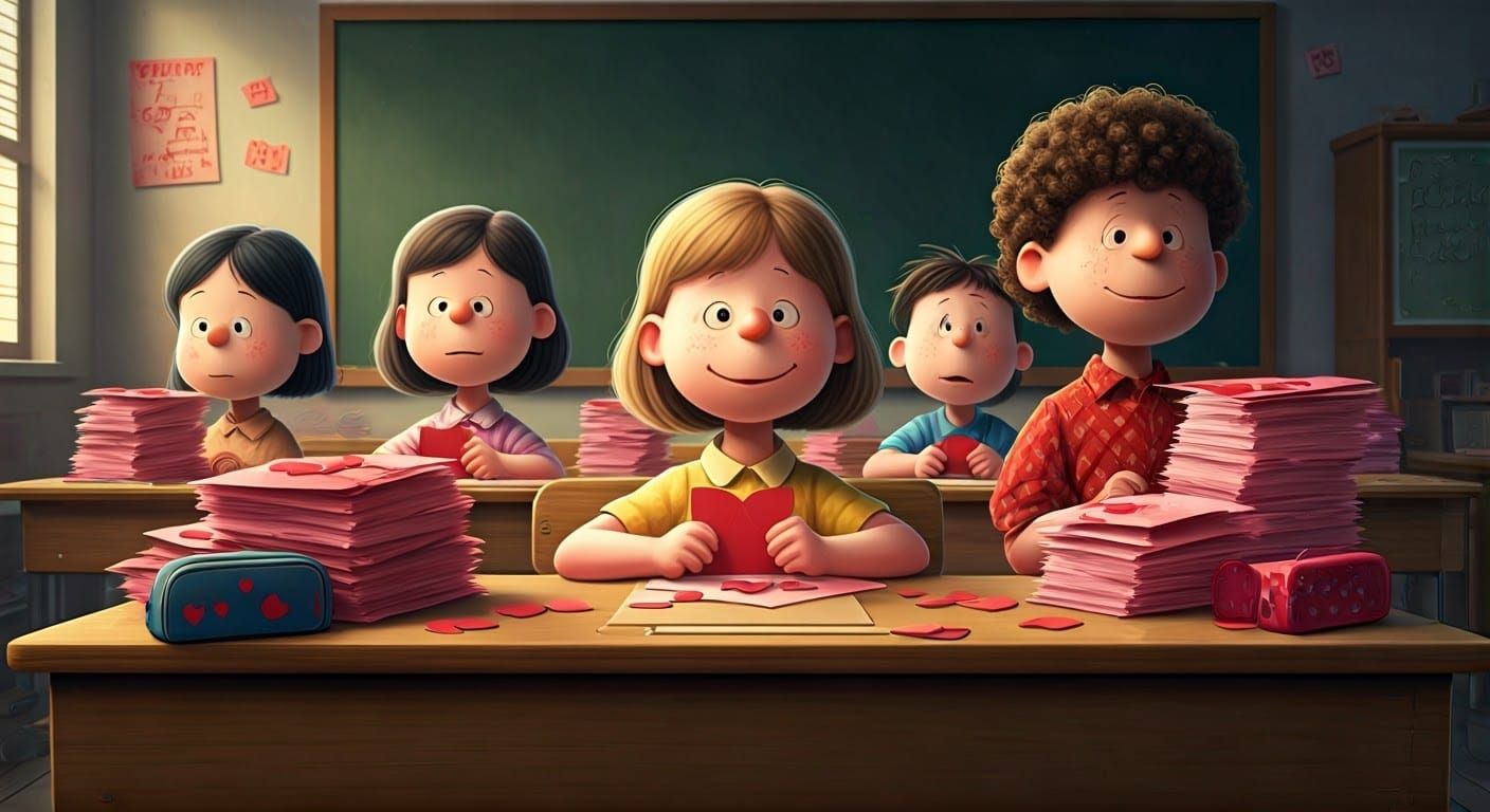 Sitting at Desks with Valentine's Day Cards in a Cool, Carto...