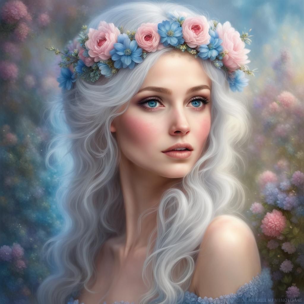 Ethereal Silver-Haired Girl with Flower Crown