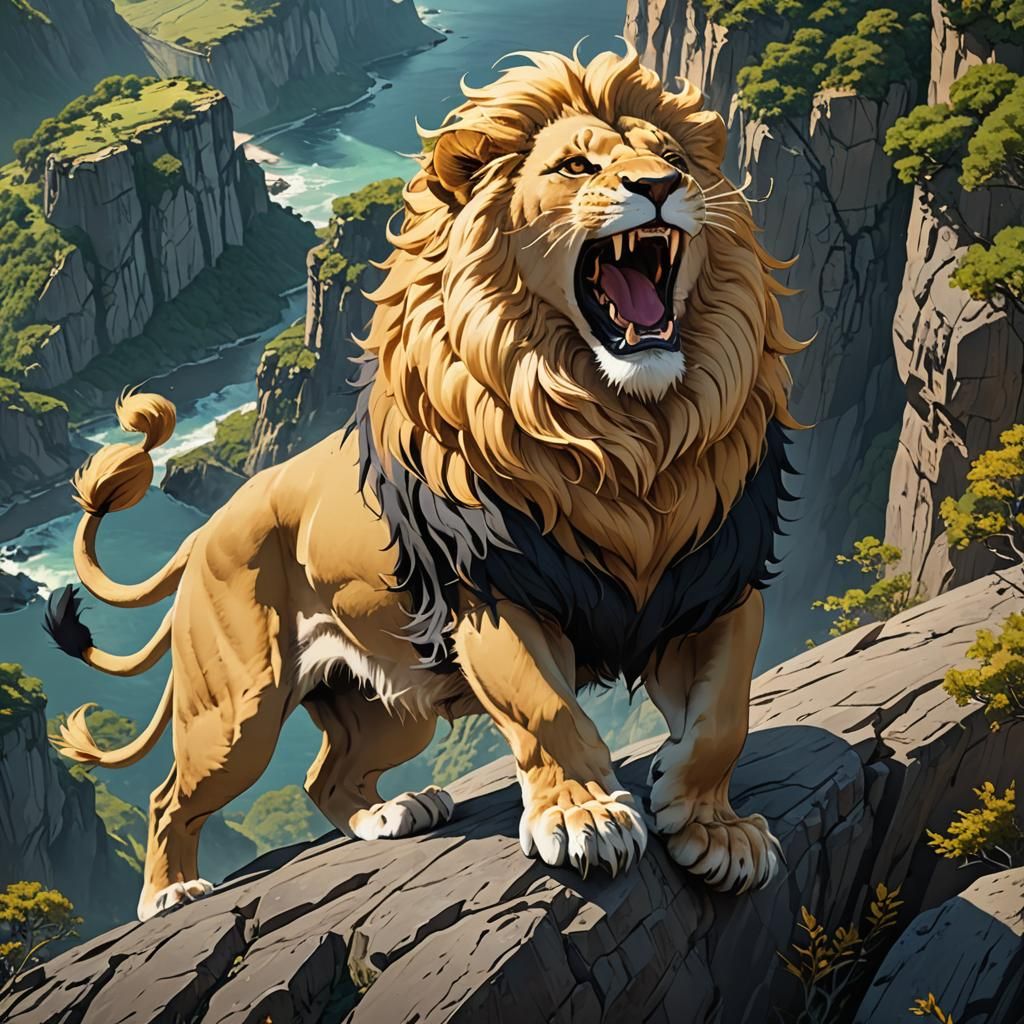Anime Lion Roaring at Cliff Edge