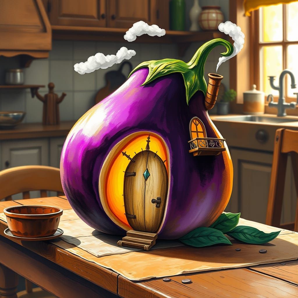 Whimsical Aubergine Mansion in Vibrant, Impressionist Style