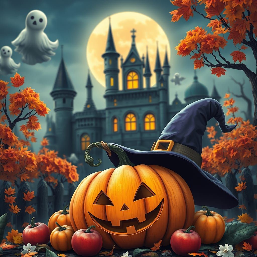 A mixed media ultra kawaii illustration of a Halloween-themed autumn scene. There is a large pumpkin with a smiling face...