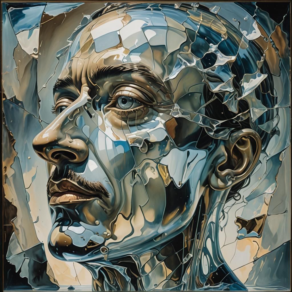 Surreal Transparent Head in Fragmented Glass Style
