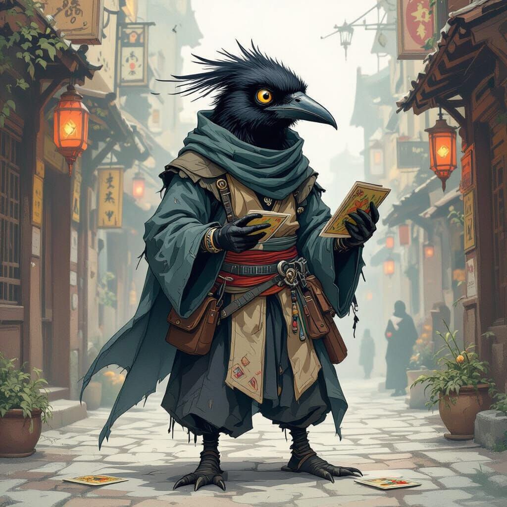 Mysterious Kenku Tarot Reader in Urban Fantasy Ink Drawing