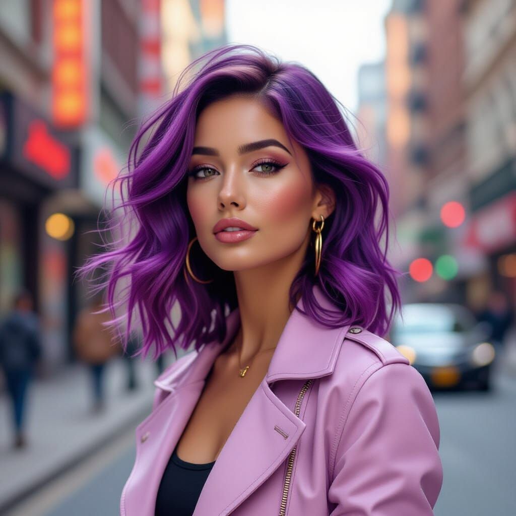 Woman with Ombre Hair in Cyberpunk Cityscape