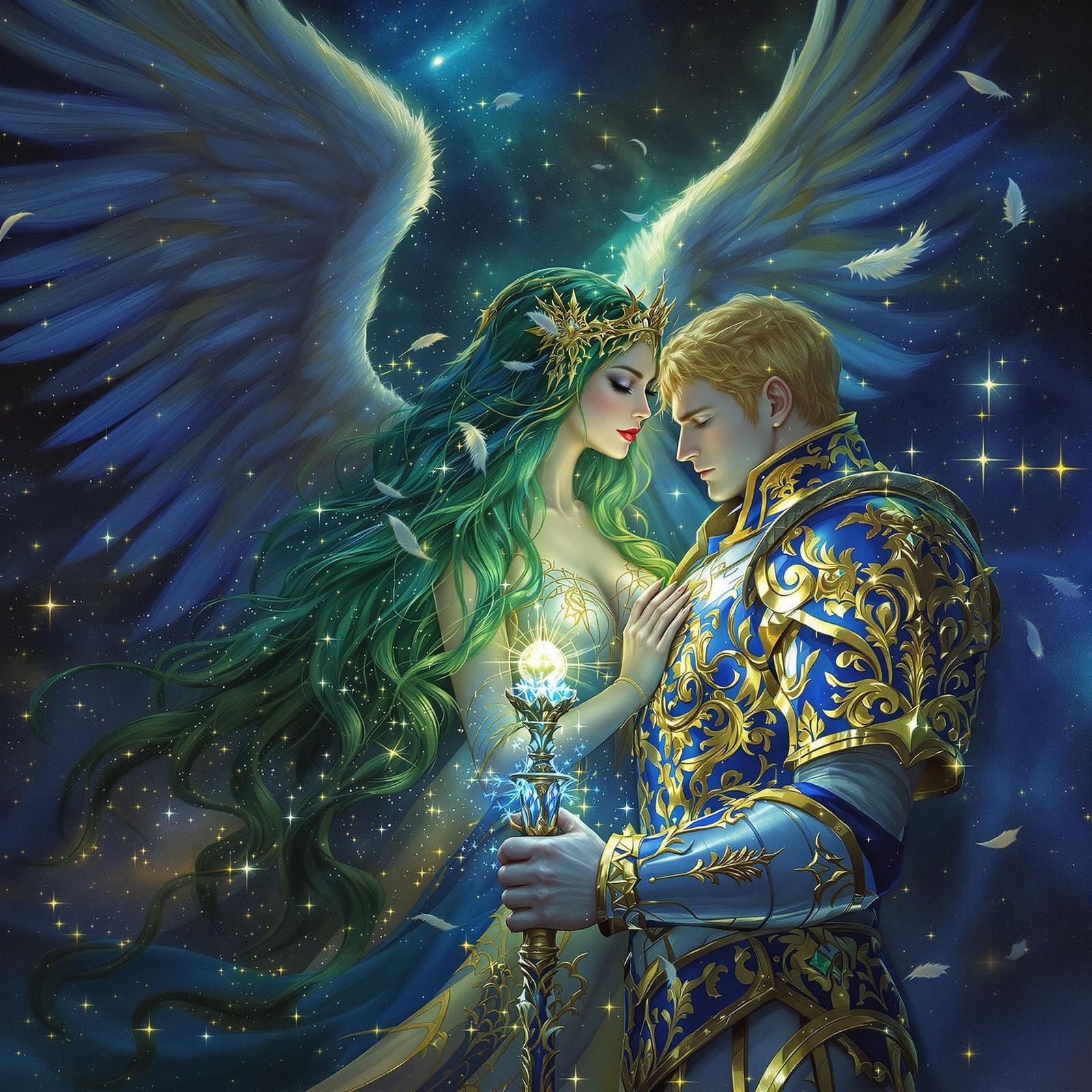 Winged Goddess Embracing Chivalrous Knight in Ethereal, Drea...