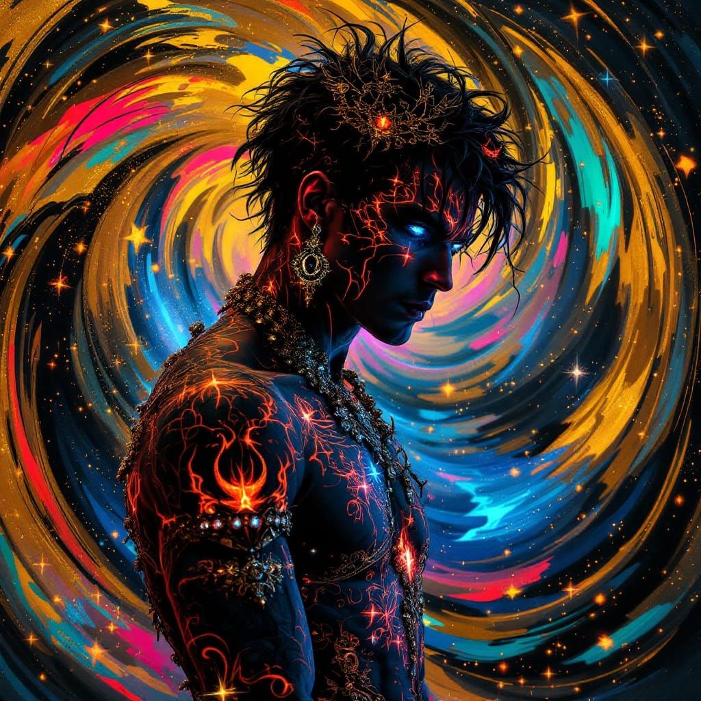 Ornate Portrait with Neon Tattoos in Mystical Style